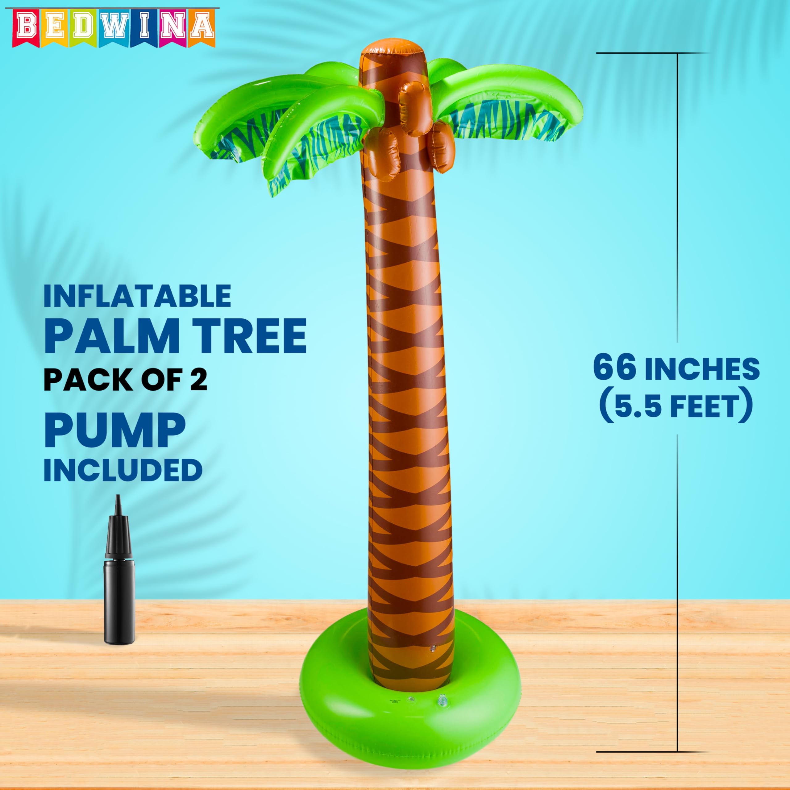 Bedwina Inflatable Palm Tree with Hand Pump - Pack of 2 Large 5.5 Ft Blow Up Palm Tree Decorations for Luau Party Decorations, Hawaiian Party, Tropical Birthday Party Decorations